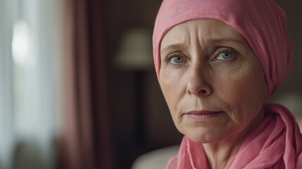 A older woman with cancer, wearing a pink scarf, looks directly into the camera Breast Cancer support