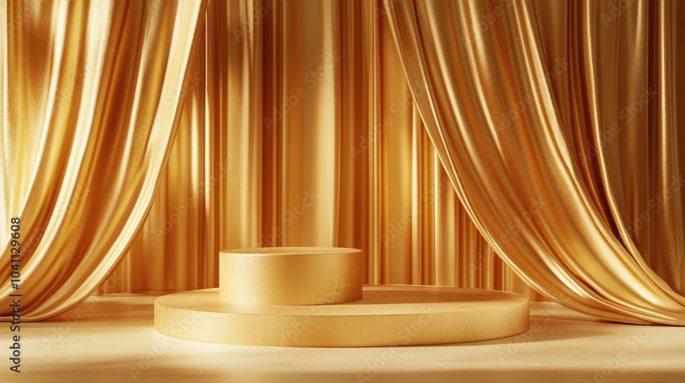 Aufkleber display of a fluttering gold fabric in a 3d background featuring geometric shapes a pedestal on a fl