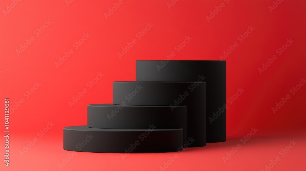 Poster pastel black cylindrical podium with steps against a red background 3d rendering of an abstract geom