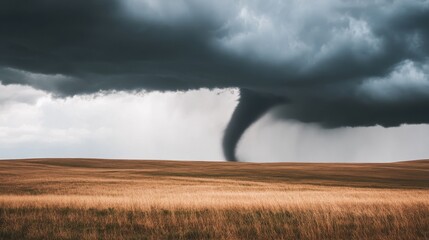 Obraz premium A dramatic tornado descends from dark clouds over a vast landscape, showcasing the raw power of nature in a striking scene.