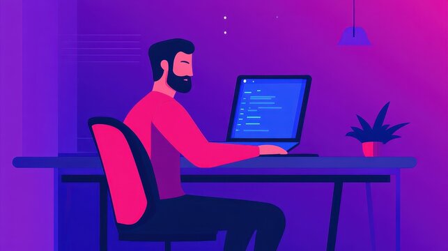 A focused man coding on a laptop in a vibrant workspace, surrounded by ambient lighting and a small plant, representing productivity.