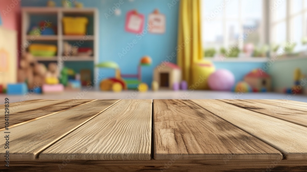 Poster 3d rendering of a wooden table with empty space above a blurred background of a children s room feat