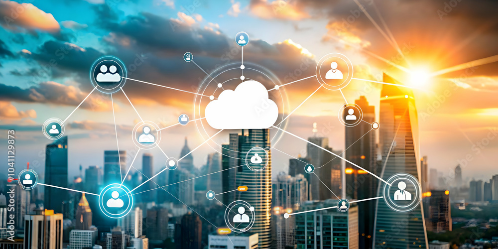 Poster business cloud networking image cityscape icons abstract background copy space - visual representati