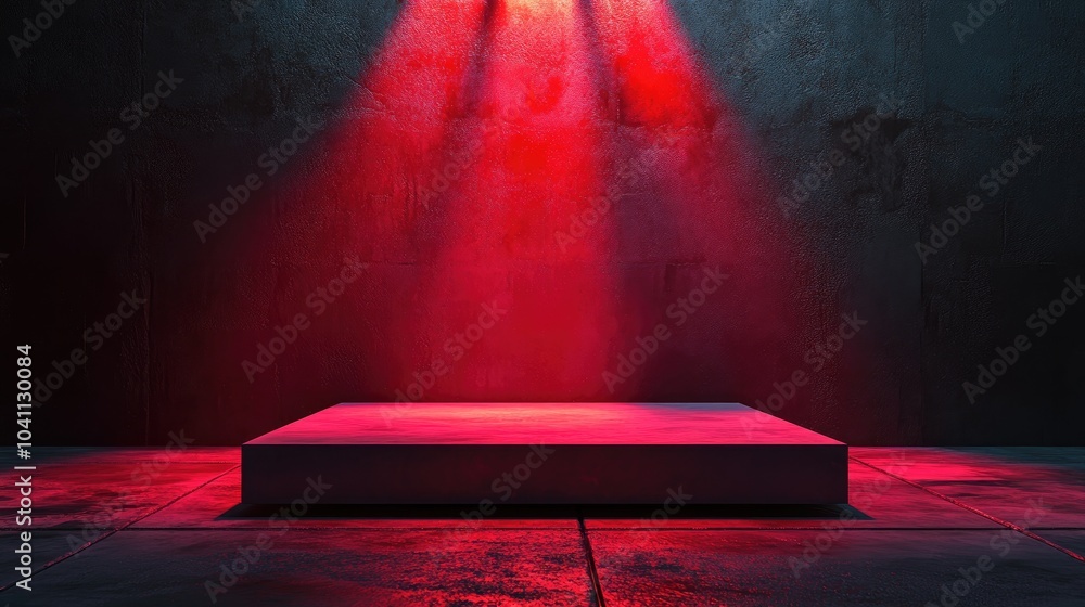 Poster red neon light product background featuring a podium on a textured street floor with a glowing spotl