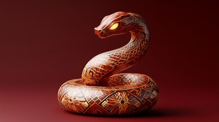 Obraz premium Intricately Painted Snake Sculpture with Glowing Eyes, Ornate Red and Gold Serpent, Symbol of Power and Protection, Decorative Fantasy Art, Mystical Feng Shui Guardian, Mythical Reptile