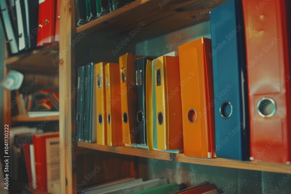 Poster a close-up shot of a bookshelf filled with many colorful binders