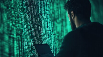 A person engages in coding or data analysis against a backdrop of digital code, embodying the essence of modern technology.