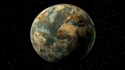 3D cartoon rendering of Planet Earth in a dead state viewed from outer space