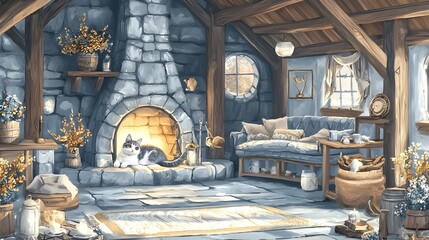 Cozy and inviting living room with a tabby cat curled up comfortably on the plush sofa creating a peaceful serene atmosphere in the homely well decorated interior