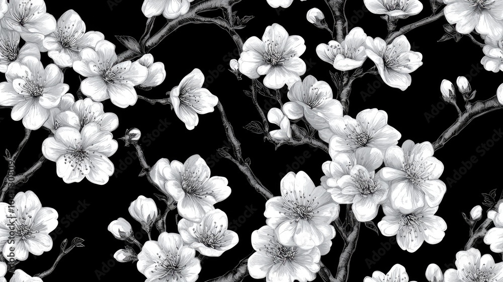 Poster botanical black and white seamless pattern featuring a sakura cherry branch designed for textile use
