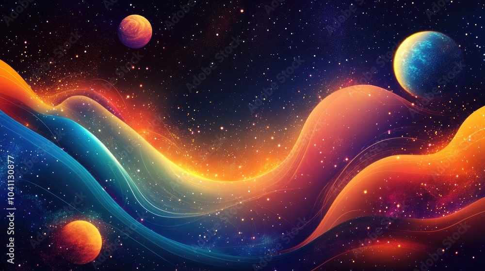 Poster vibrant abstract background featuring luminous shapes and waves a cosmic display of stars and planet