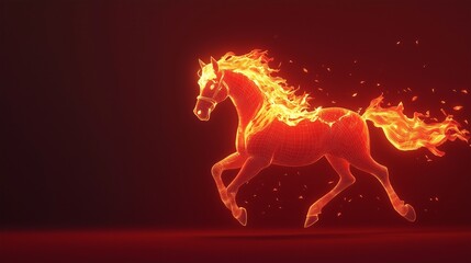  Fiery Digital Horse in Motion, Glowing Wireframe Horse with Flames, Symbol of Speed and Power, Futuristic Fantasy Art, Digital Energy and Fire Concept, Dynamic 3D Render