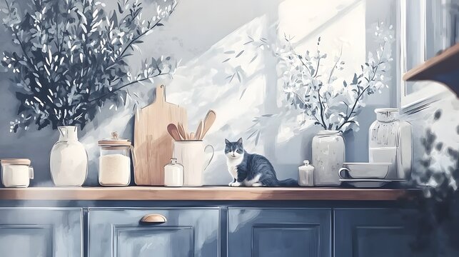 A peaceful moment captured as a cat relaxes on the kitchen counter soaking in the warm sunlight streaming through the window  This cozy domestic scene exudes a sense of calm and comfort in the home
