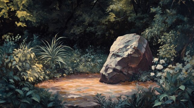 Oil painting depicting a rock formation in a lush garden featuring an empty area suitable for nature themed content