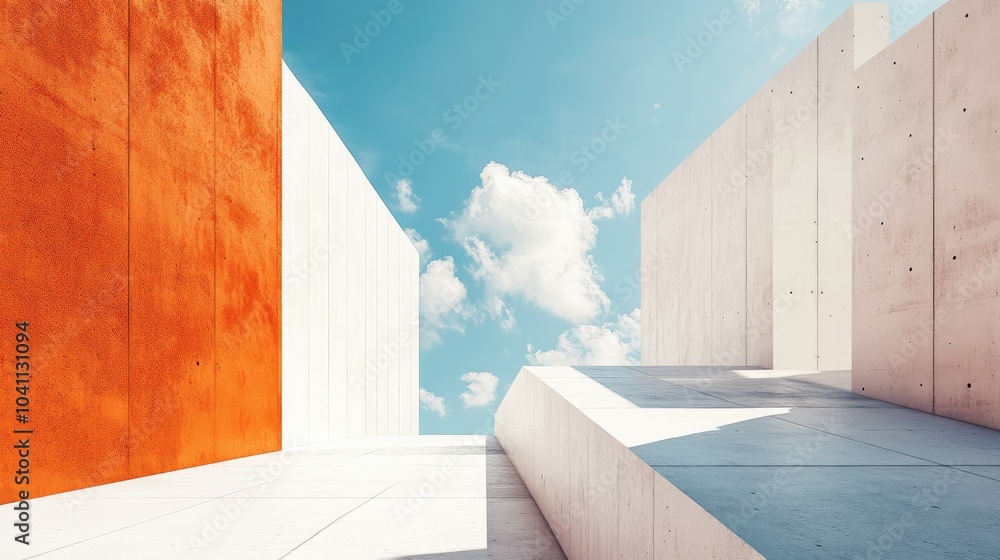 Poster abstract architectural background featuring geometric shapes with white and orange walls beneath a b