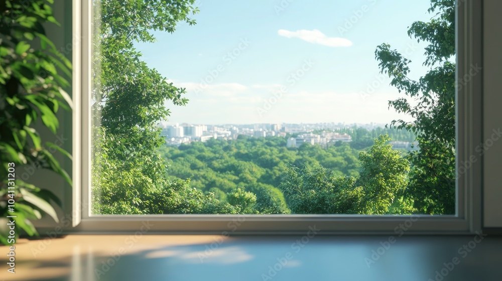 Aufkleber 3d rendering of an apartment window with a view of a lush green forest and clear blue sky