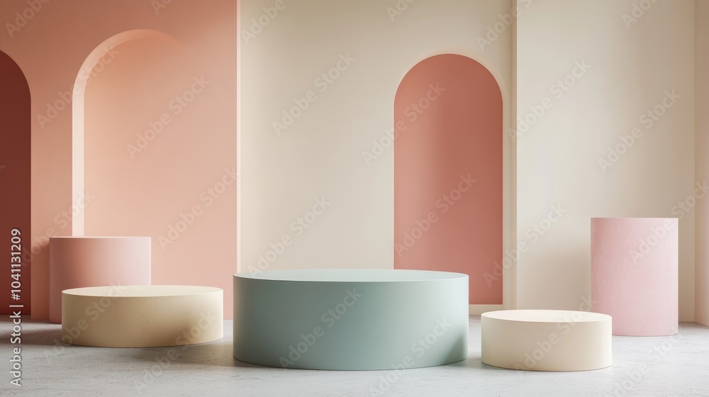 Poster 3d rendered cylindrical podiums on the floor featuring geometric shapes and platforms for product di