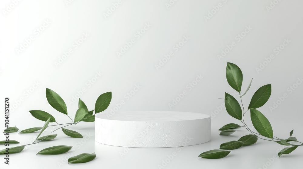 Poster round cosmetic podium with leaves on a white background abstract product display pedestal 3d renderi