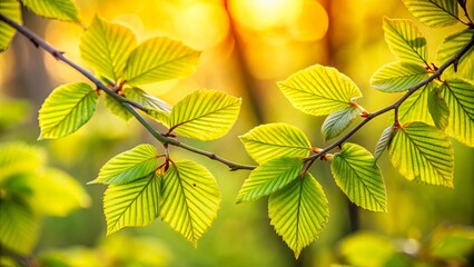 Fototapeta premium A Delicate Branch of New Spring Leaves Basking in the Warm Glow of the Setting Sun