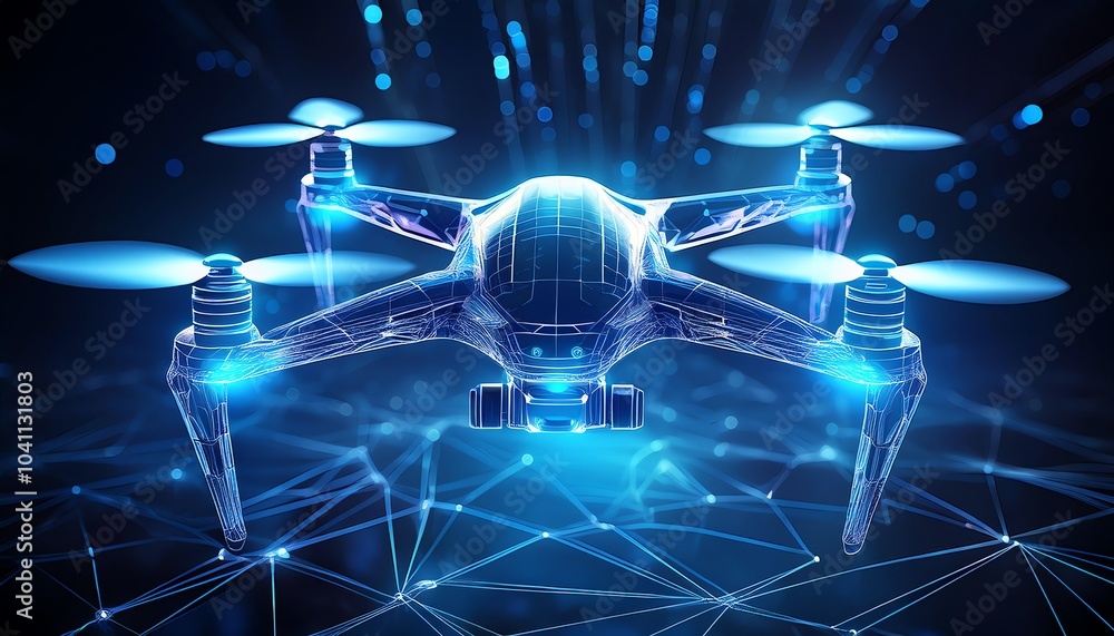 Poster a futuristic drone is showcased against a digital backdrop, emphasizing technology and innovation wi