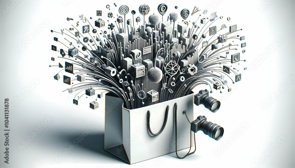 Poster 3d retail shopping bag data streams icon vector illustration analytics symbols zoomed-in data patter
