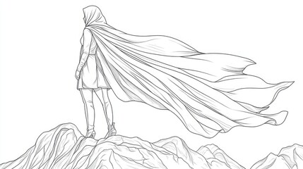 Illustration of a Muslim woman entrepreneur wearing a hero cape standing on a mountain rendered in a single continuous line art style