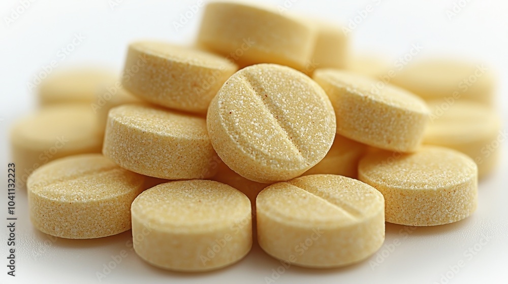 Poster a close-up view of yellow tablets stacked together on a white surface illuminated by soft light, cap