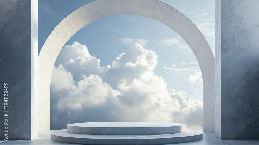 Poster 3d rendered illustration featuring a stage with clouds and a podium set against a modern minimalisti