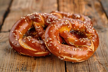 A pair of soft pretzels sit atop a wooden table, ready to be enjoyed