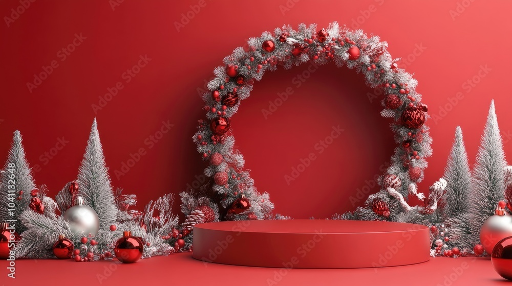 Poster red holiday greeting card with an empty circular podium for product display on a red backdrop 3d ren
