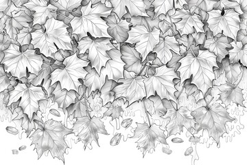 Coloring book illustration of detailed fallen leaves for the autumn season with ice capturing the essence of vine leaves scattered on the ground
