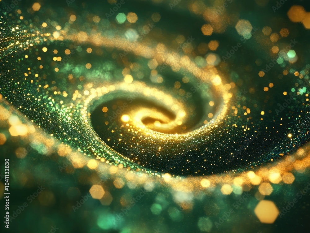 Poster glittering swirl with an abstract background featuring green and gold sparkles a fantasy fractal tex