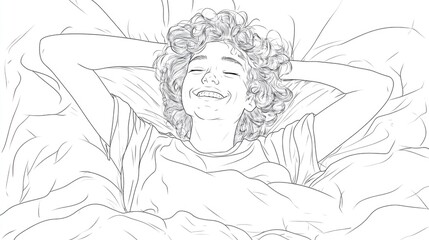 Continuous line drawing illustration of a joyful young woman waking up and smiling in bed