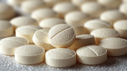 A close-up view of scattered pale yellow tablets on a textured surface in a well-lit setting