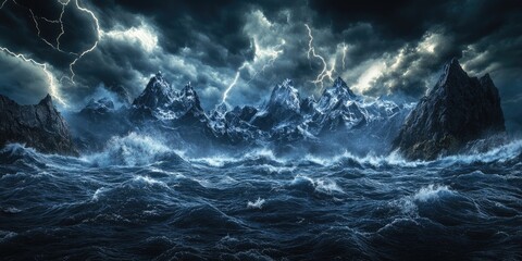 Fototapeta premium Waves crashing against a rugged cliff during a stormy weather scene, Stormy waves crashing against a rocky cliff