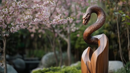 Fototapeta premium Wooden Snake Sculpture in Serene Japanese Garden with Cherry Blossoms, Nature-Themed Decor, Outdoor Art Installation, Tranquil Zen Garden, Spring Blossom Landscape, Meditation and Serenity Scene