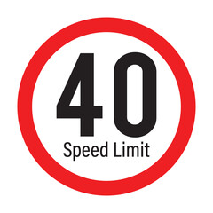 Speed limit 40km round road traffic icon sign flat style design vector illustration set isolated on white background. Circle standard road sign with number kmh in eps 10.