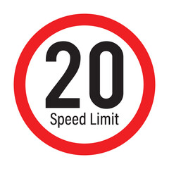 Speed limit 20km round road traffic icon sign flat style design vector illustration set isolated on white background. Circle standard road sign with number kmh in eps 10.