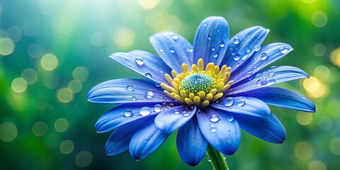 Fototapeta premium A single, vibrant blue flower with delicate petals adorned with glistening water droplets, set against a soft, out-of-focus background of green and yellow hues.