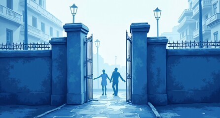 Political debate in blue and white with layered imagery, shields, and locked gates, representing protected discourse. The composition has depth through texture overlays and spatial complexity.