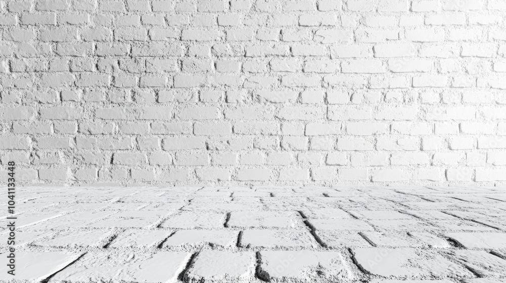 Poster 3d rendering of a corner with a white brick wall and floor featuring an abstract background