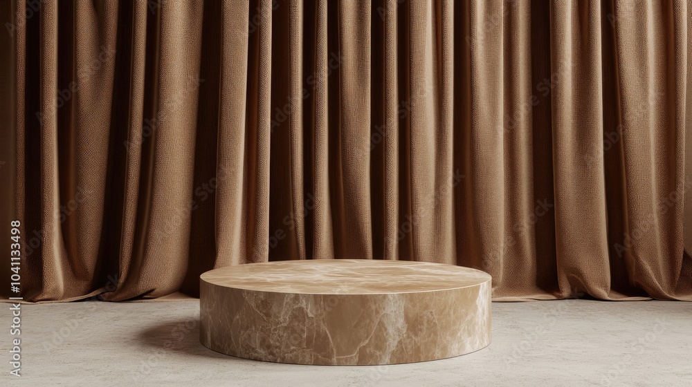 Poster display podium stand for stone products with a brown curtain backdrop 3d rendering