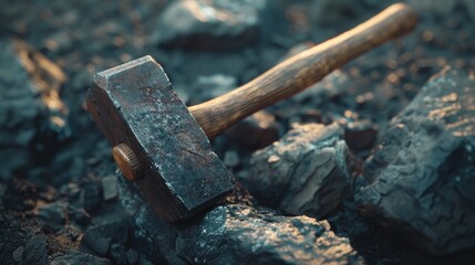 A hammer resting on top of a rock pile, suitable for use as a symbol or icon