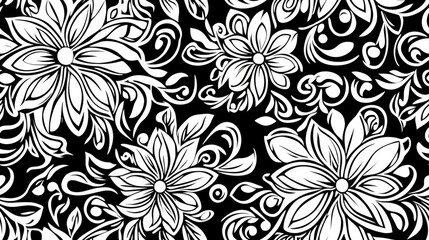 Floral seamless pattern background featuring a geometric ornament design in black and white colors