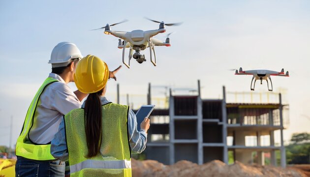 A construction team uses drones for site monitoring, showcasing innovative technology and collaboration in modern building projects.