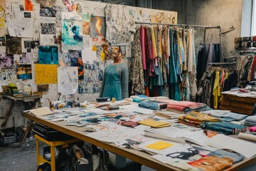 Obraz premium A vibrant design studio filled with color and creativity. The workspace showcases textiles and sketches. Perfect for inspiration and artistic projects. Generative AI