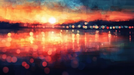 Fototapeta premium Abstract oil painting featuring a sunset colored bokeh effect creating a vibrant shoreline atmosphere