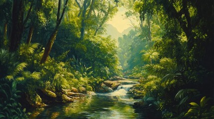 Oil painting showcasing a stunning natural landscape with vibrant scenery and lush elements highlighting the beauty of nature