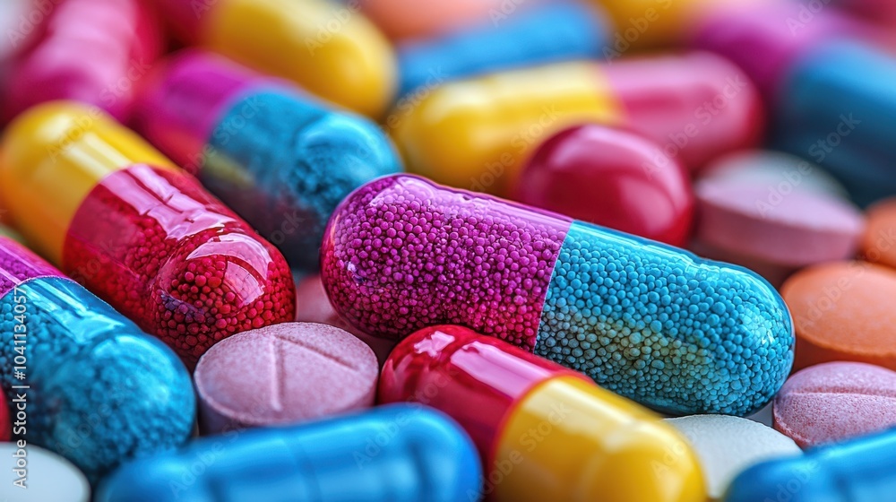Poster colorful assortment of capsules and tablets on a surface, showcasing various shapes and sizes in a v