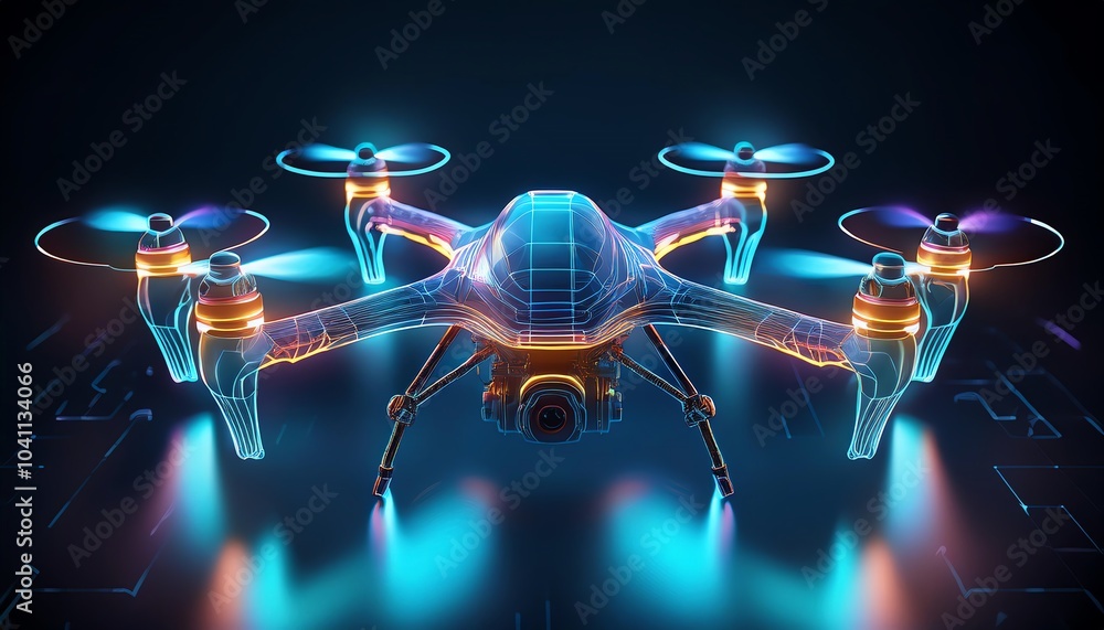 Poster a futuristic, illuminated drone featuring a high-tech design with glowing elements against a dark ba